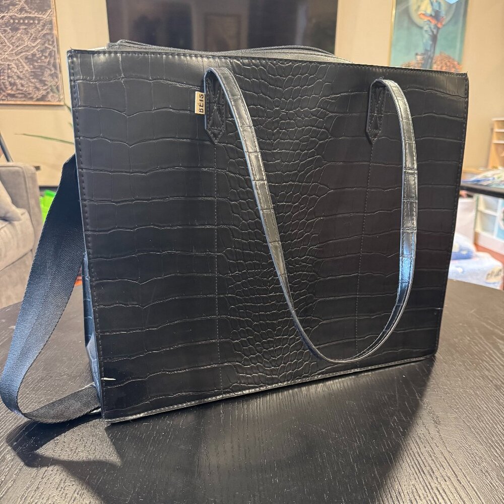 BÉIS Large Work Tote – Black Croc Embossed – Laptop & Travel Work Bag